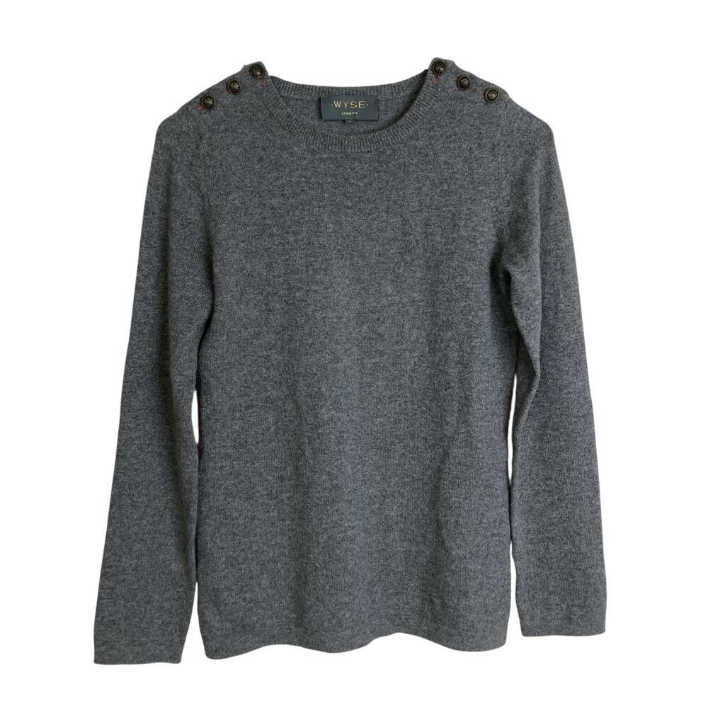 Wyse London Cashmere Sweater Womens Size 1 Gray Pullover Elbow Patch Button Top